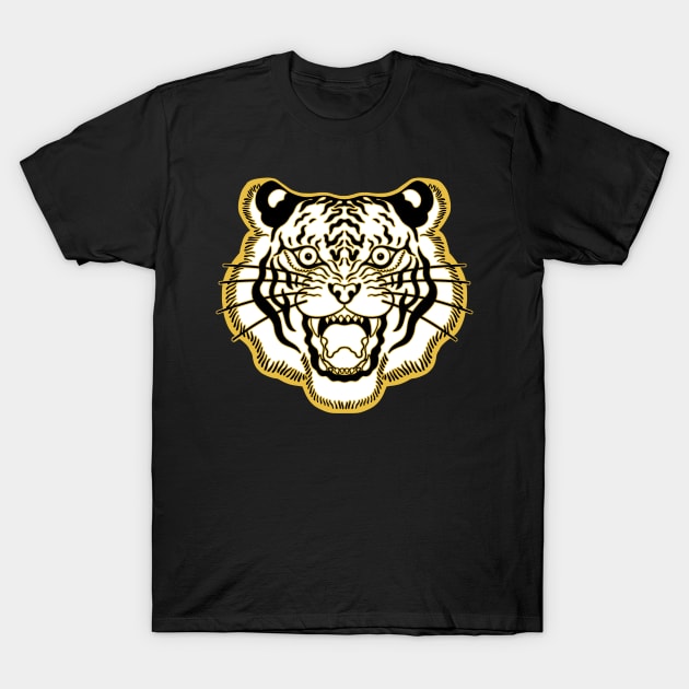 White and Gold Traditional Tiger Face T-Shirt by Trippycollage